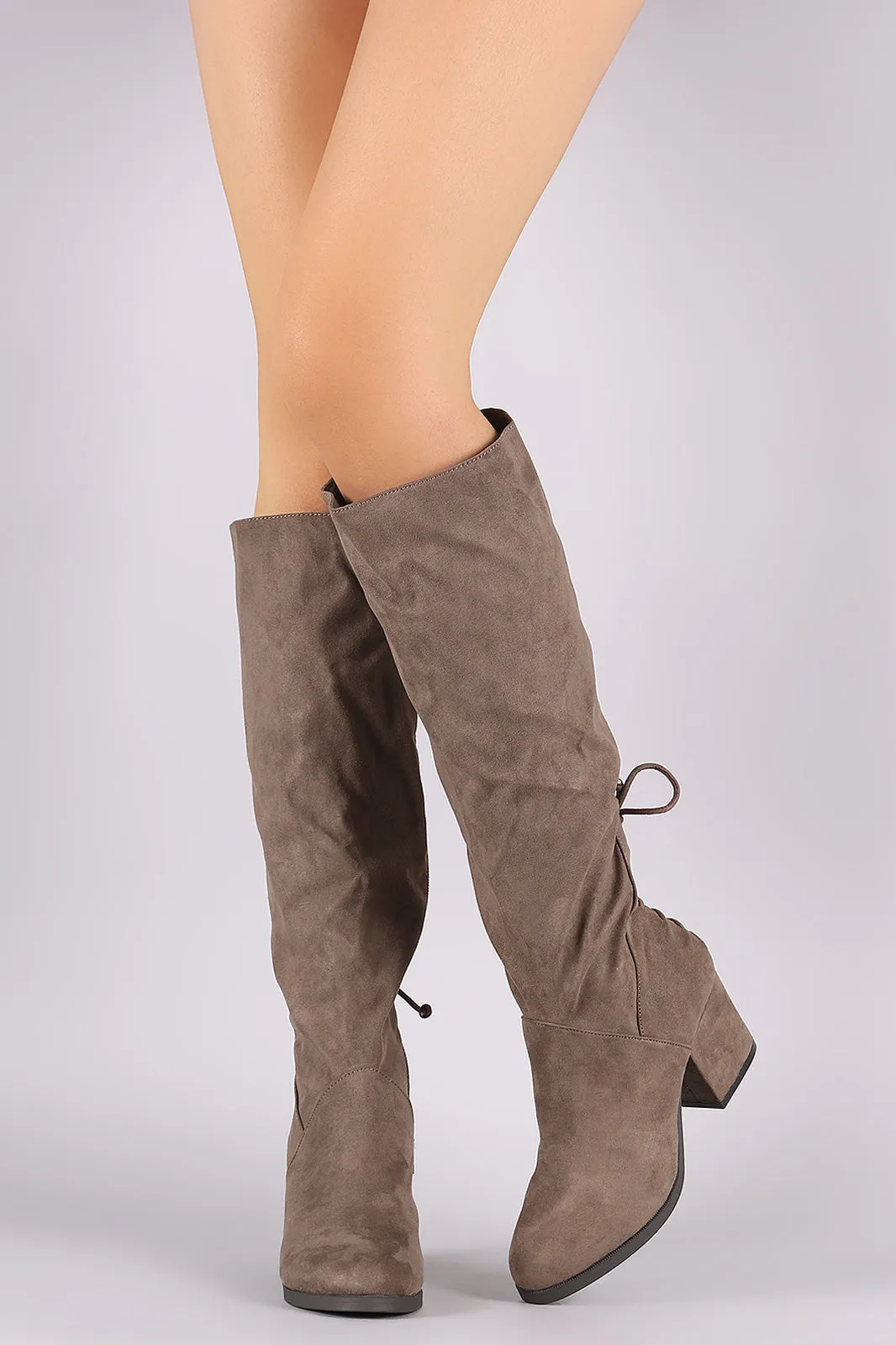 Bamboo Back Lace-Up Block Heeled Knee High Boots
