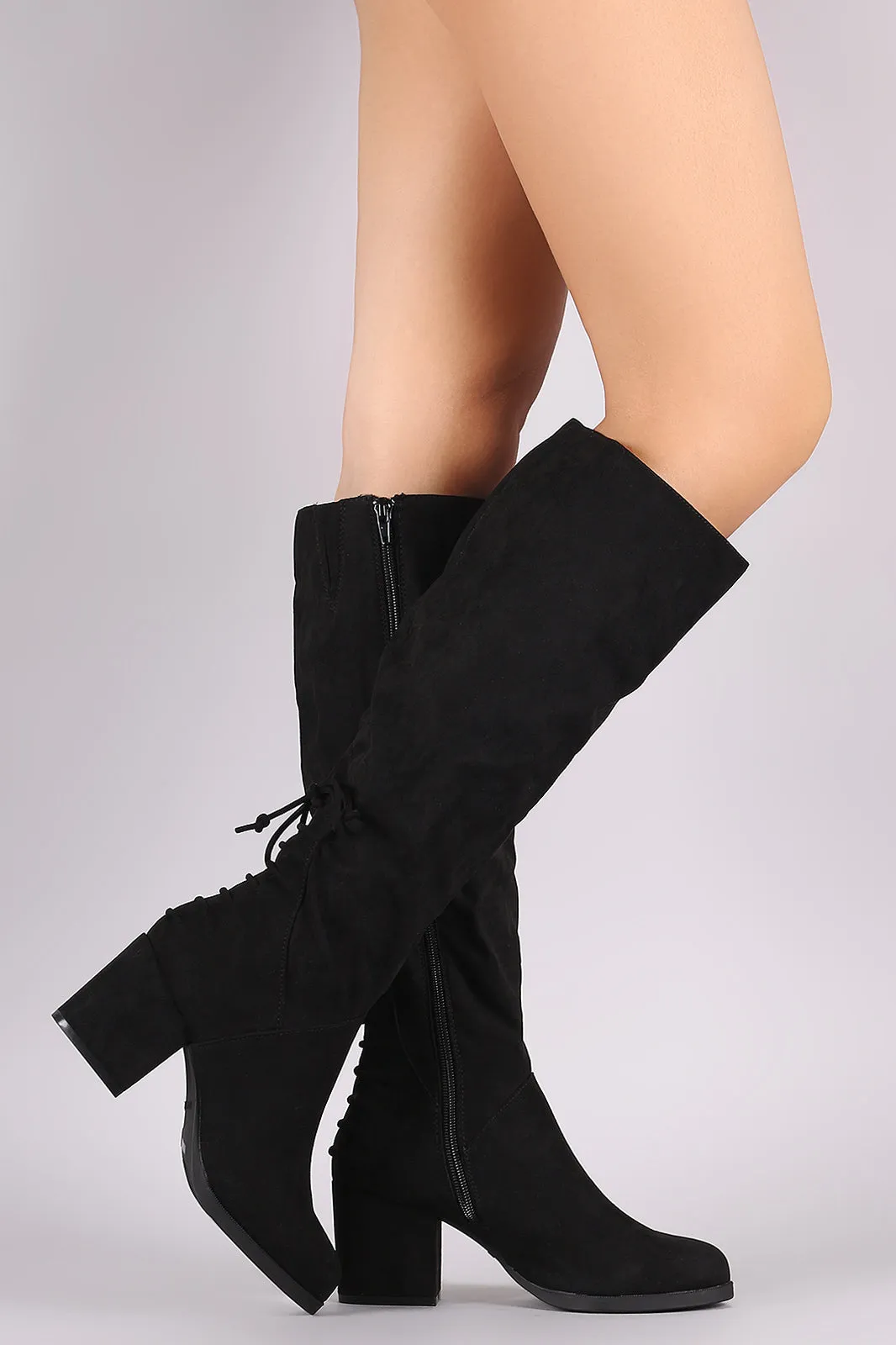 Bamboo Back Lace-Up Block Heeled Knee High Boots