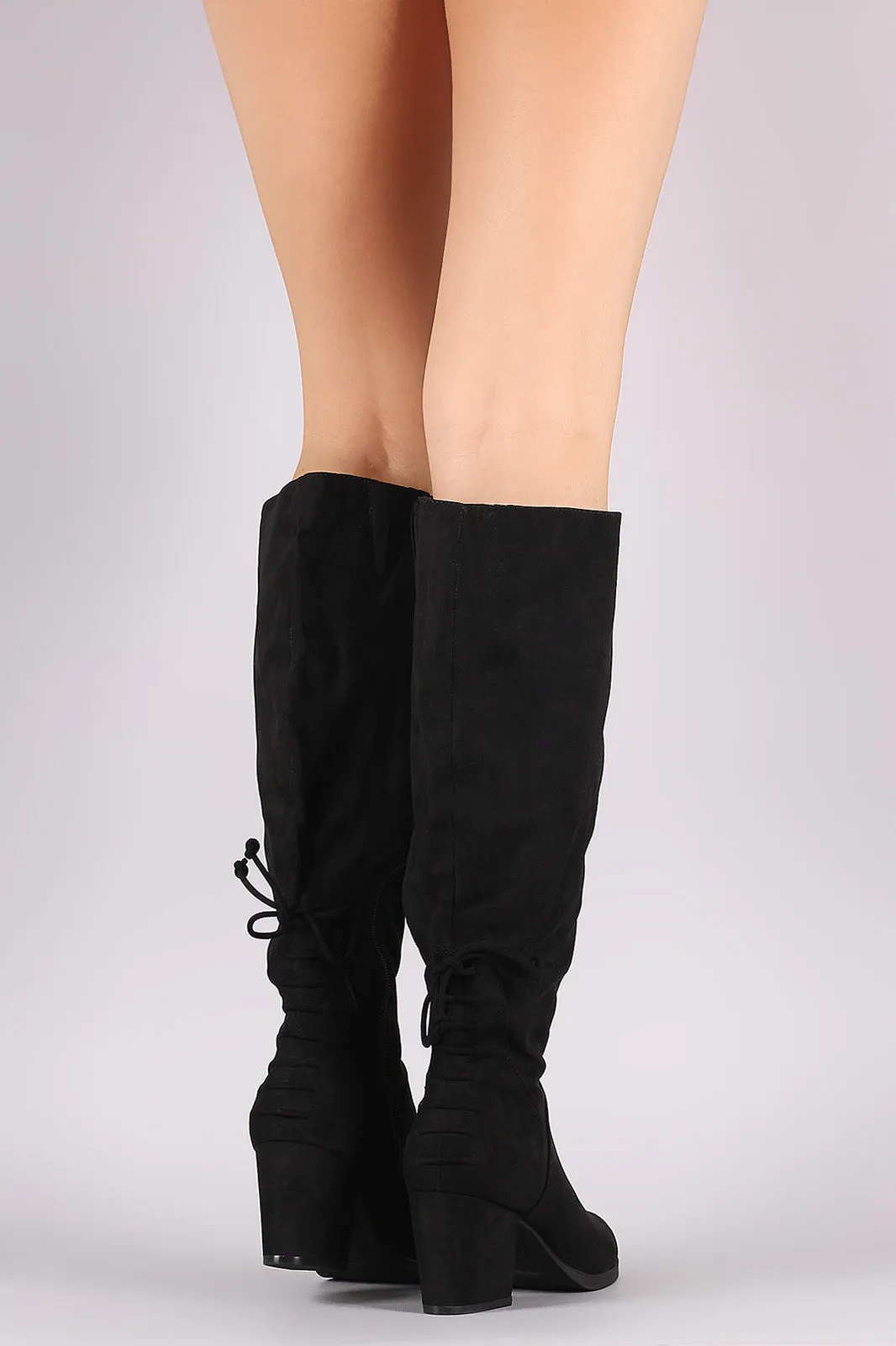 Bamboo Back Lace-Up Block Heeled Knee High Boots