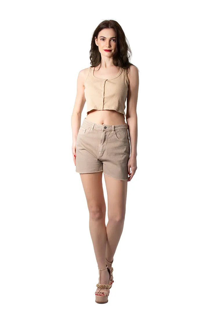 Beige Raw Hem Denim Shorts