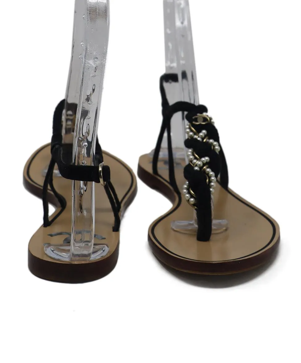 Chanel Black Suede & Pearl Rope Sandals sz 8.5