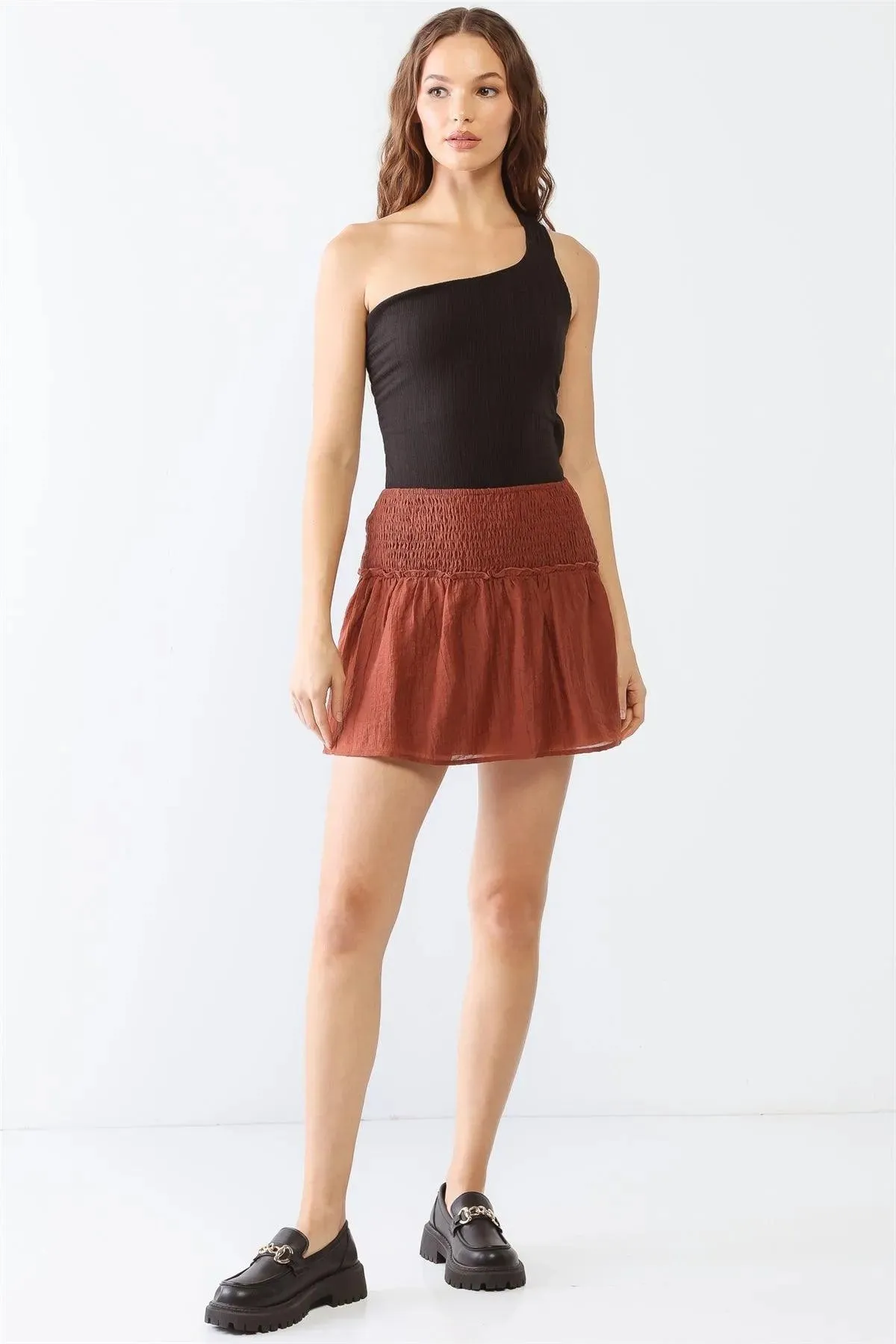 Crinkled Smocked Ruffle High Waist Mini Skirt