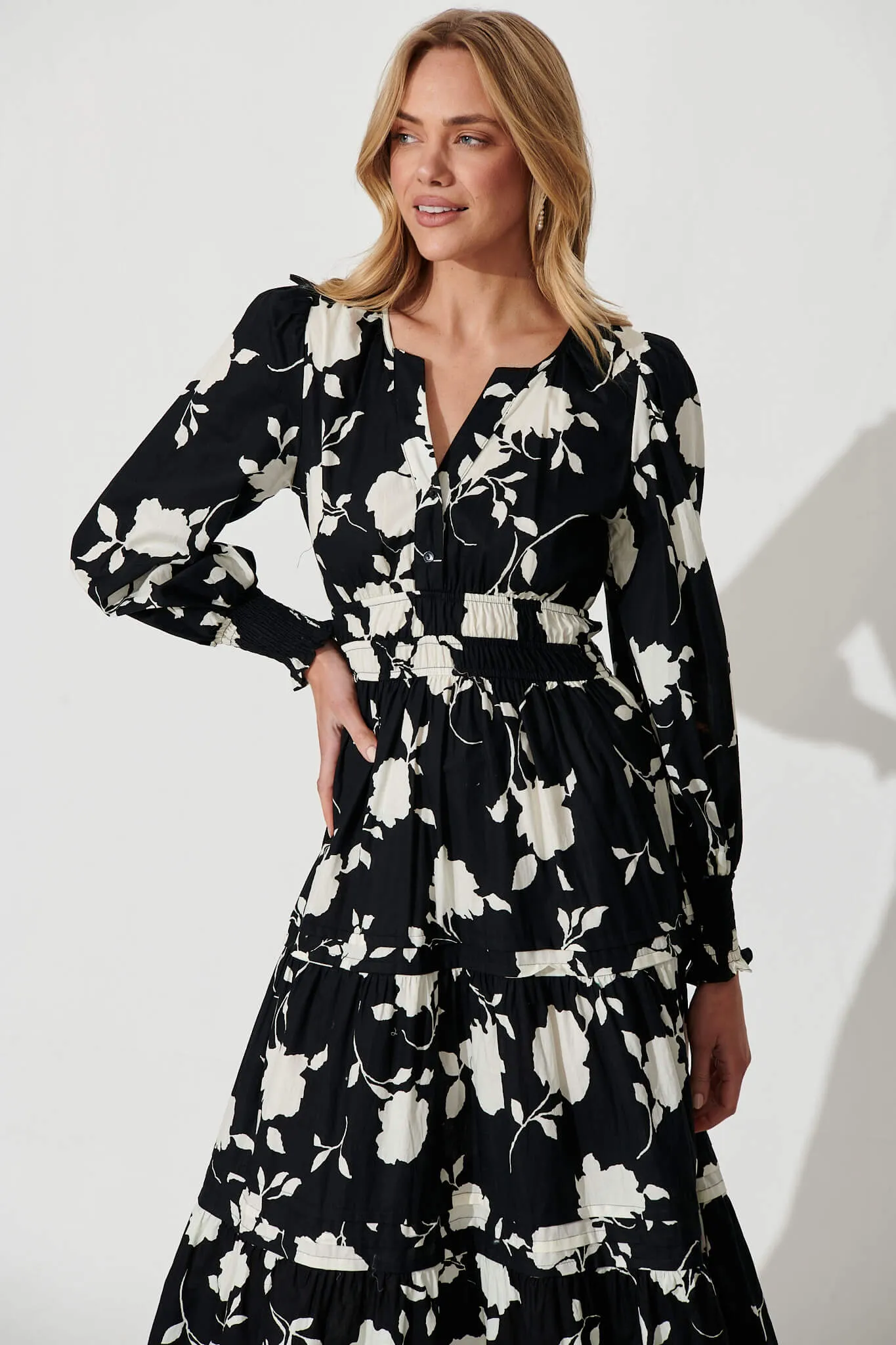 Delphine Midi Dress In Black With Cream Floral Cotton