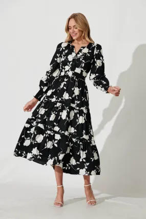 Delphine Midi Dress In Black With Cream Floral Cotton