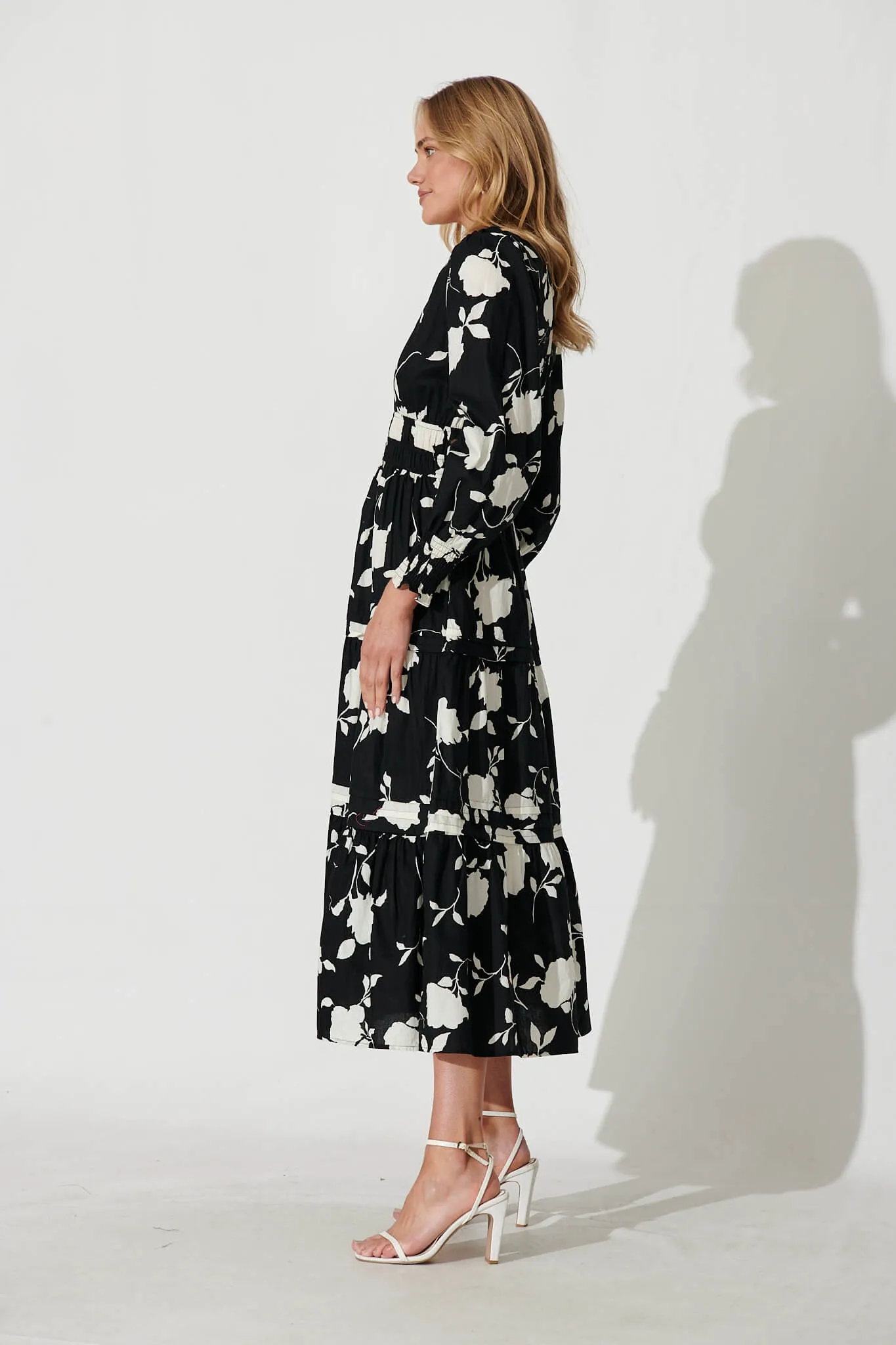 Delphine Midi Dress In Black With Cream Floral Cotton