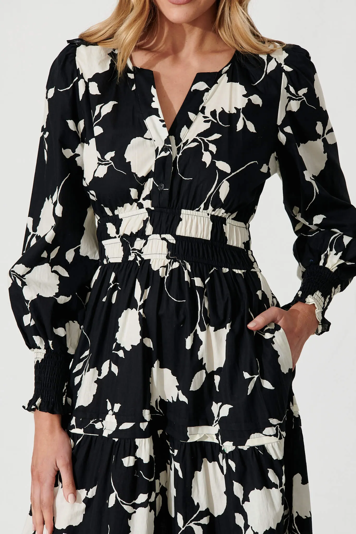 Delphine Midi Dress In Black With Cream Floral Cotton