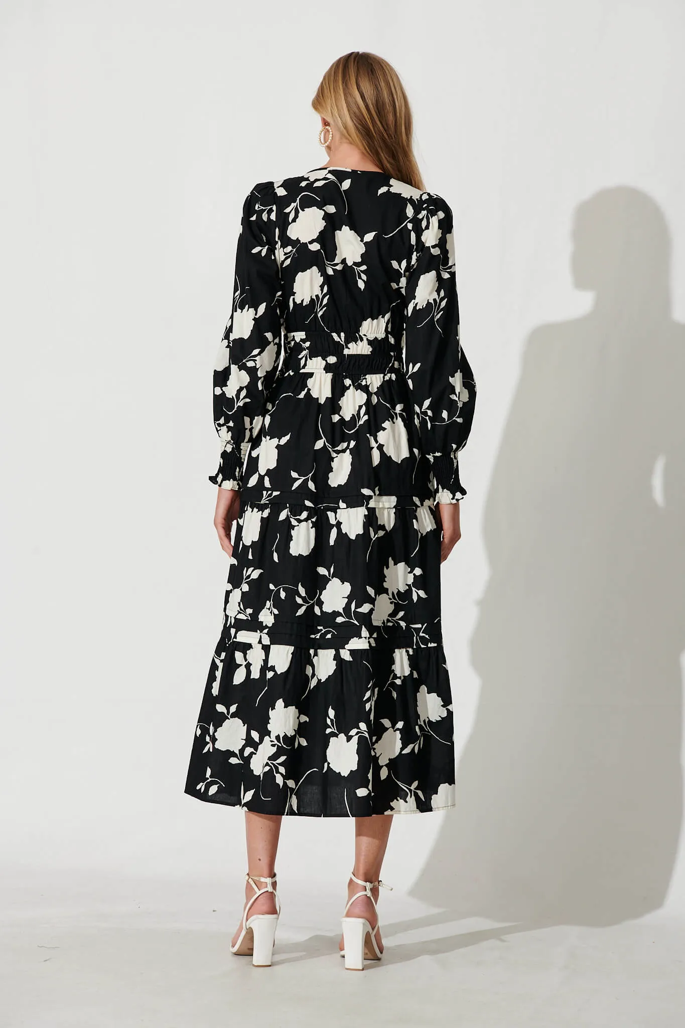 Delphine Midi Dress In Black With Cream Floral Cotton