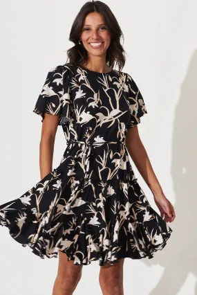 Devora Dress In Black With Beige Leaf Print