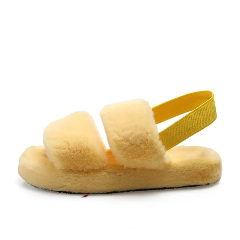 Fluffy Faux Fur House Bedroom Soft Open Toe Warm Fuzzy Slide Slippers with Strap for Women
