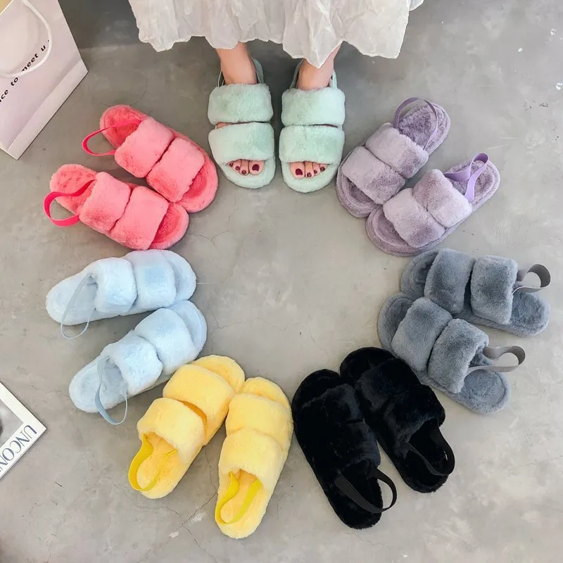 Fluffy Faux Fur House Bedroom Soft Open Toe Warm Fuzzy Slide Slippers with Strap for Women
