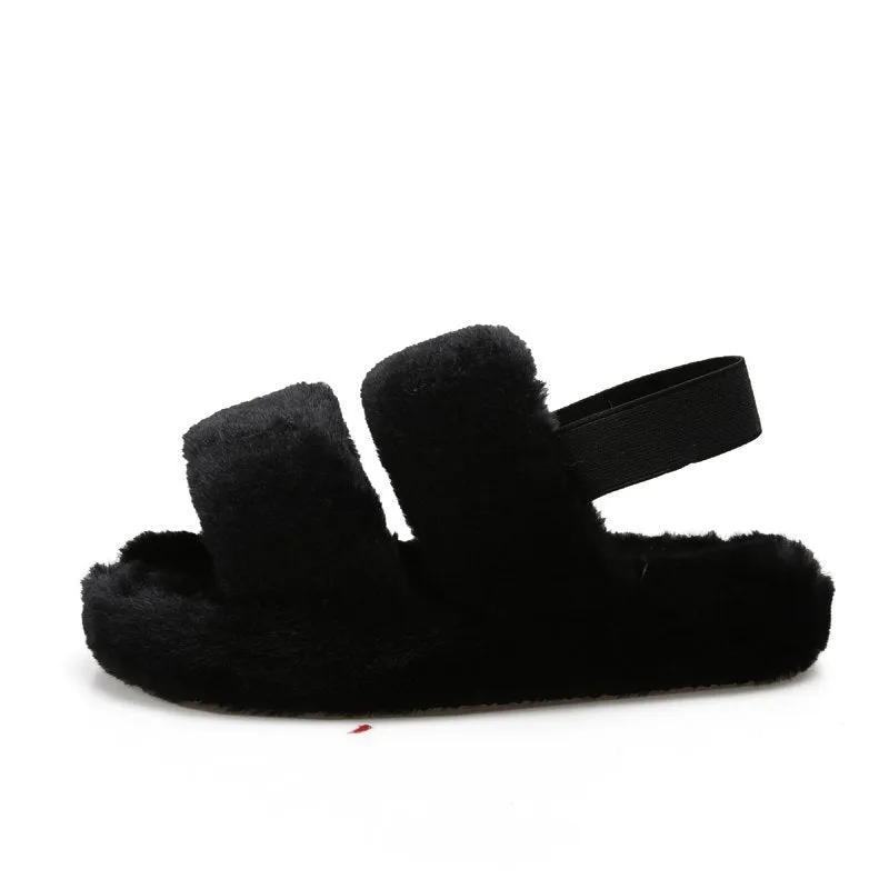 Fluffy Faux Fur House Bedroom Soft Open Toe Warm Fuzzy Slide Slippers with Strap for Women