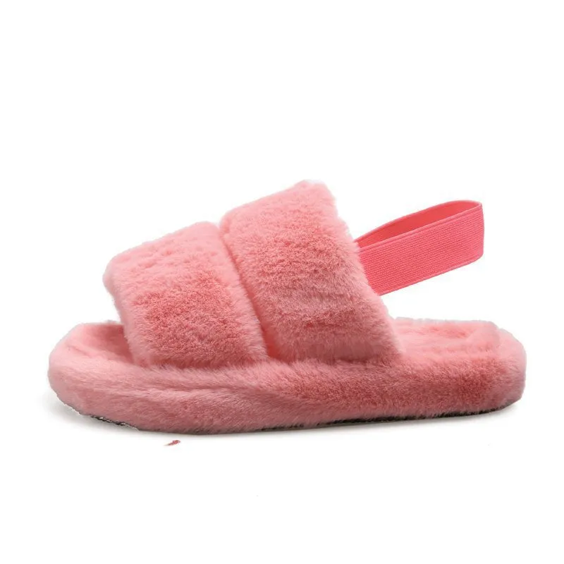Fluffy Faux Fur House Bedroom Soft Open Toe Warm Fuzzy Slide Slippers with Strap for Women