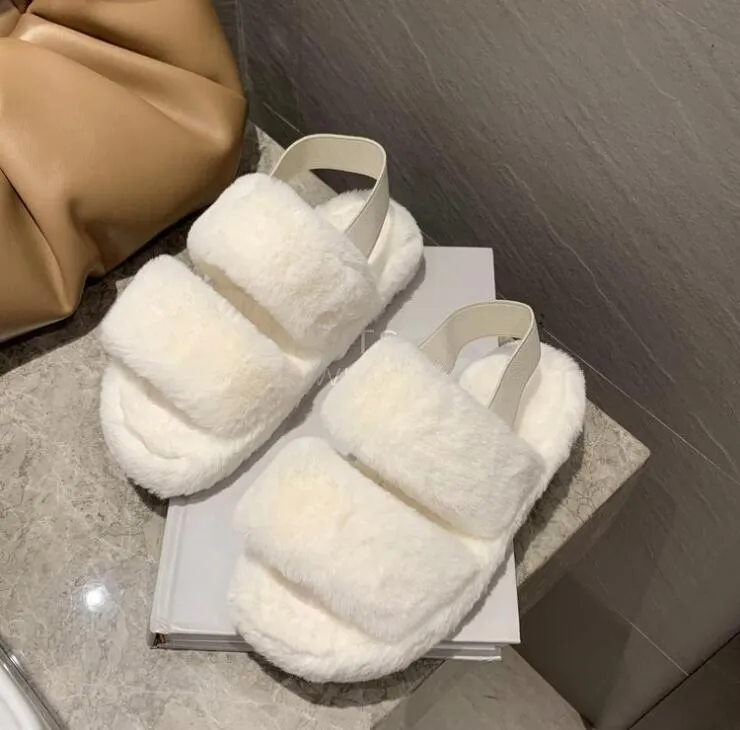 Fluffy Faux Fur House Bedroom Soft Open Toe Warm Fuzzy Slide Slippers with Strap for Women