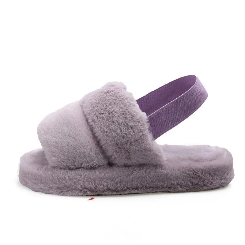 Fluffy Faux Fur House Bedroom Soft Open Toe Warm Fuzzy Slide Slippers with Strap for Women