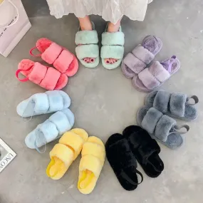 Fluffy Faux Fur House Bedroom Soft Open Toe Warm Fuzzy Slide Slippers with Strap for Women