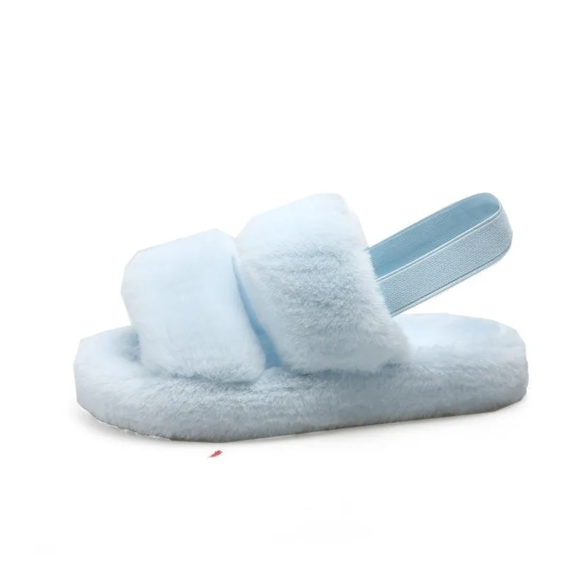 Fluffy Faux Fur House Bedroom Soft Open Toe Warm Fuzzy Slide Slippers with Strap for Women