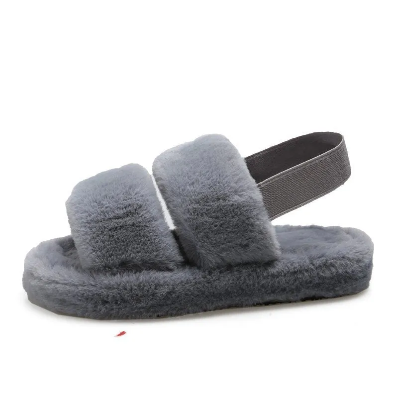 Fluffy Faux Fur House Bedroom Soft Open Toe Warm Fuzzy Slide Slippers with Strap for Women