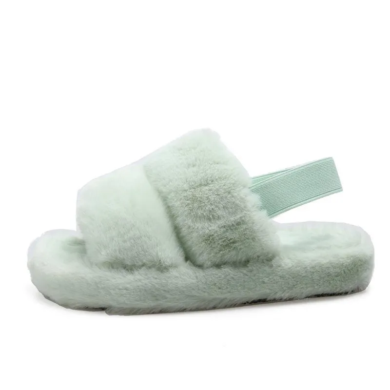Fluffy Faux Fur House Bedroom Soft Open Toe Warm Fuzzy Slide Slippers with Strap for Women