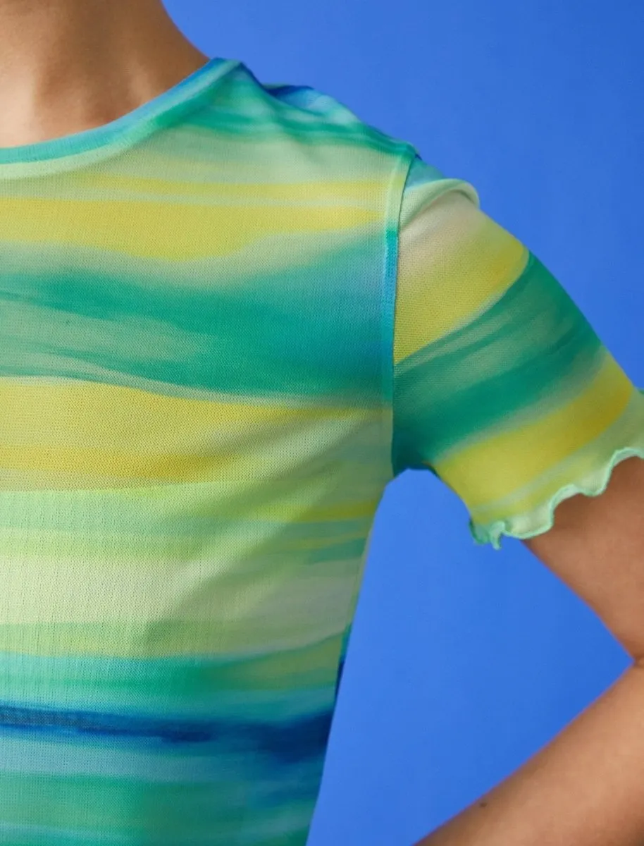 Graphic Printed Mesh T-shirt in Green