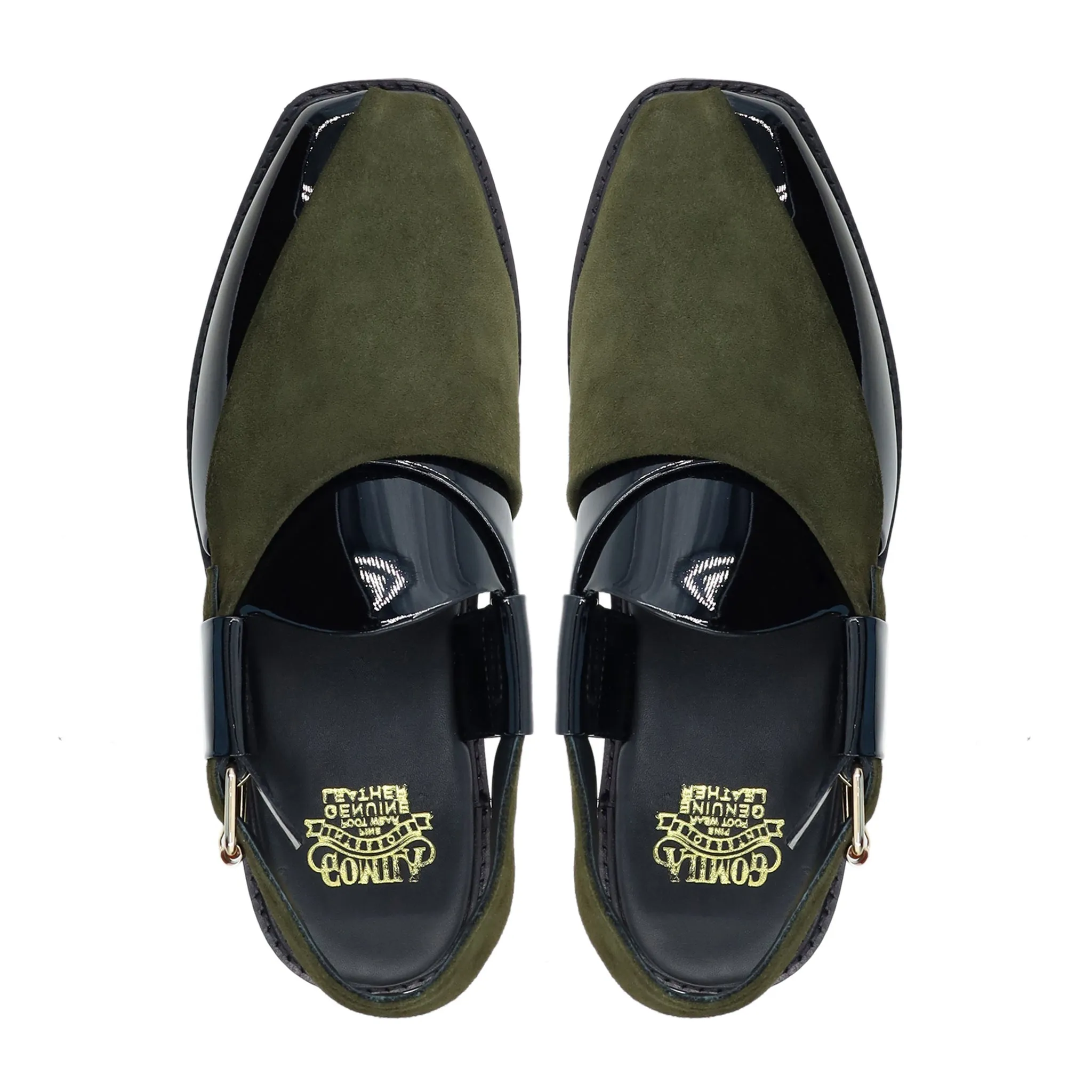 Hassium - Men's Black Patent and Olive Green Kid Suede Sandal