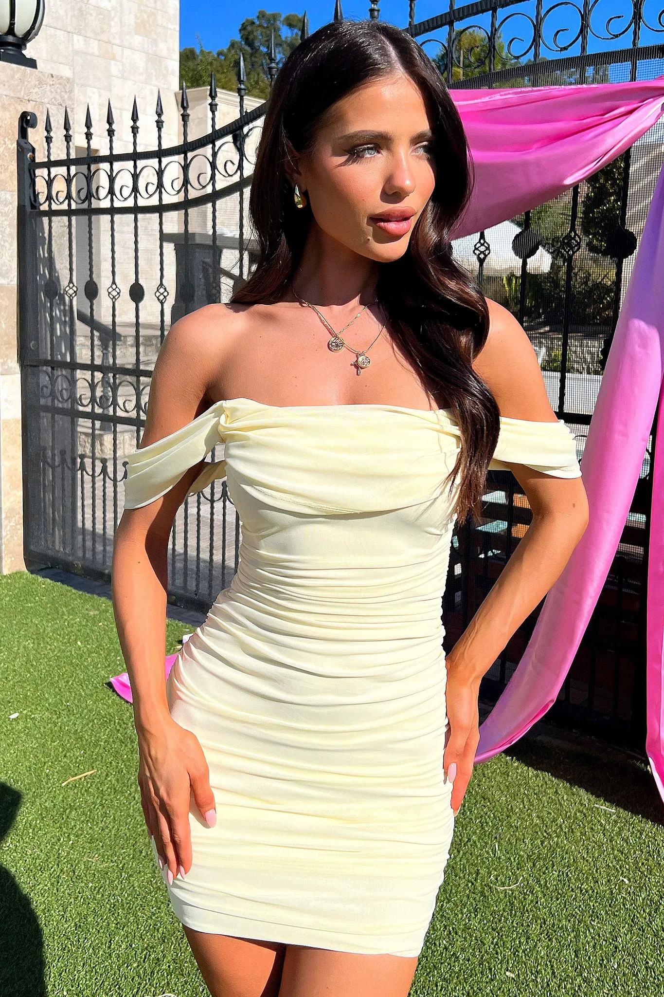 Lucinda Off Shoulder Mesh Mini Dress - Yellow