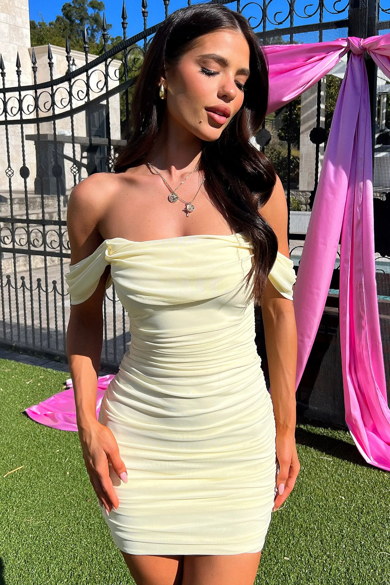 Lucinda Off Shoulder Mesh Mini Dress - Yellow