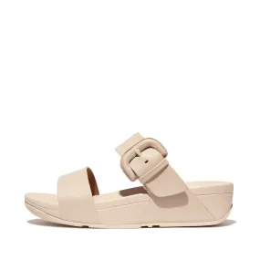 LULU Covered-Buckle Raw-Edge Leather Slides