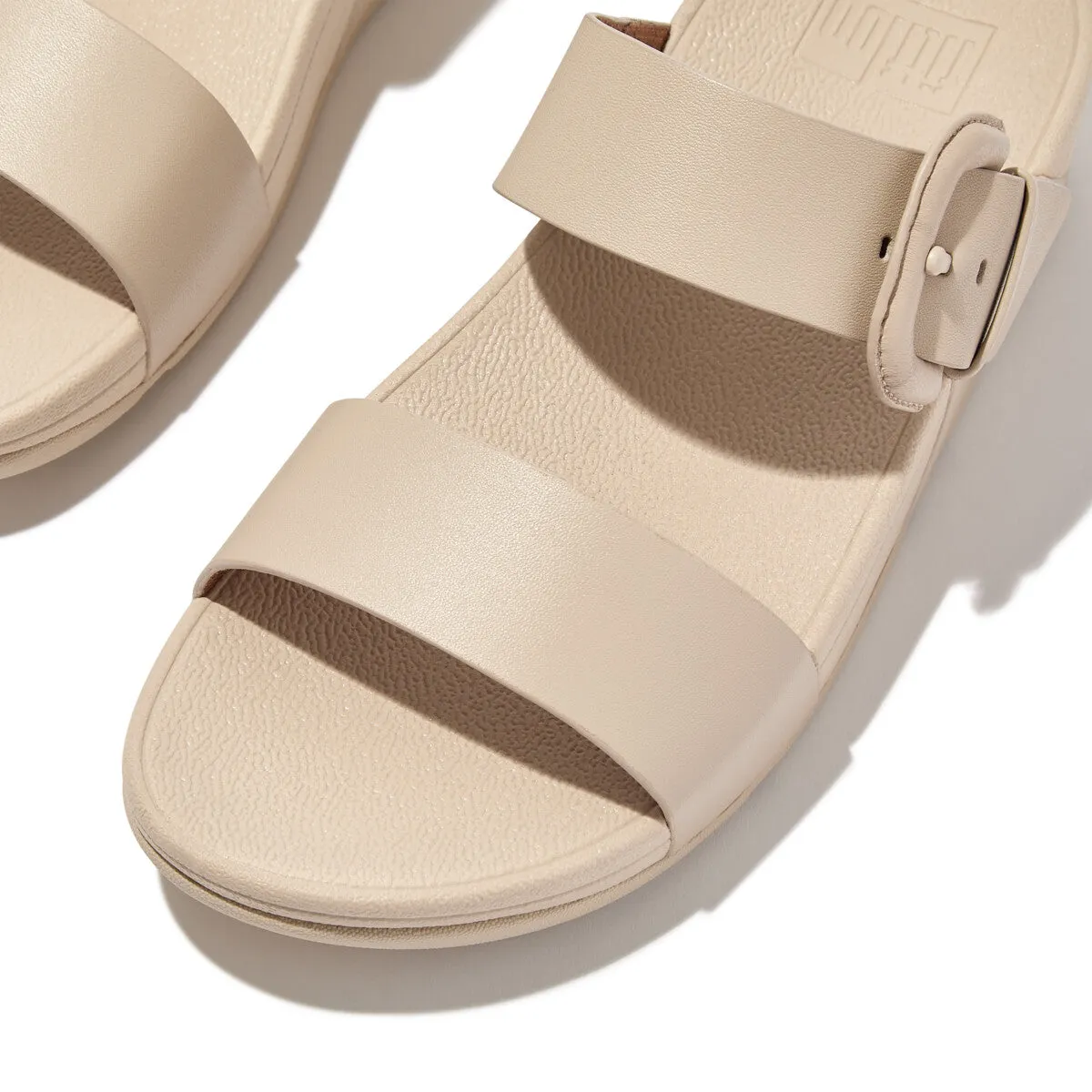 LULU Covered-Buckle Raw-Edge Leather Slides