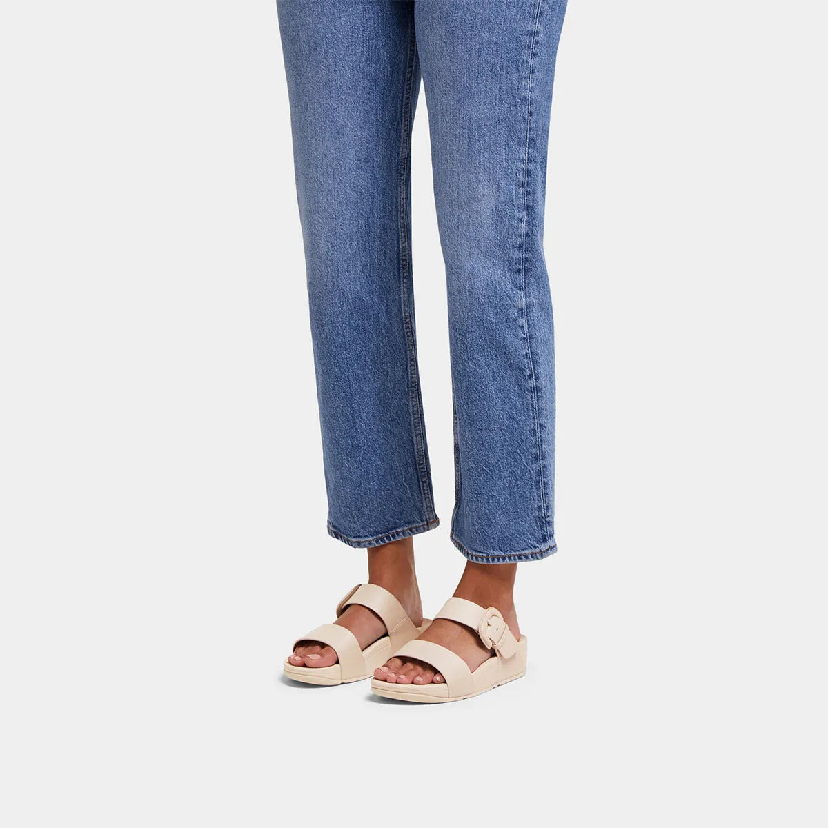 LULU Covered-Buckle Raw-Edge Leather Slides