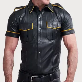 Police Style Leather Jacket With Yellow Linings