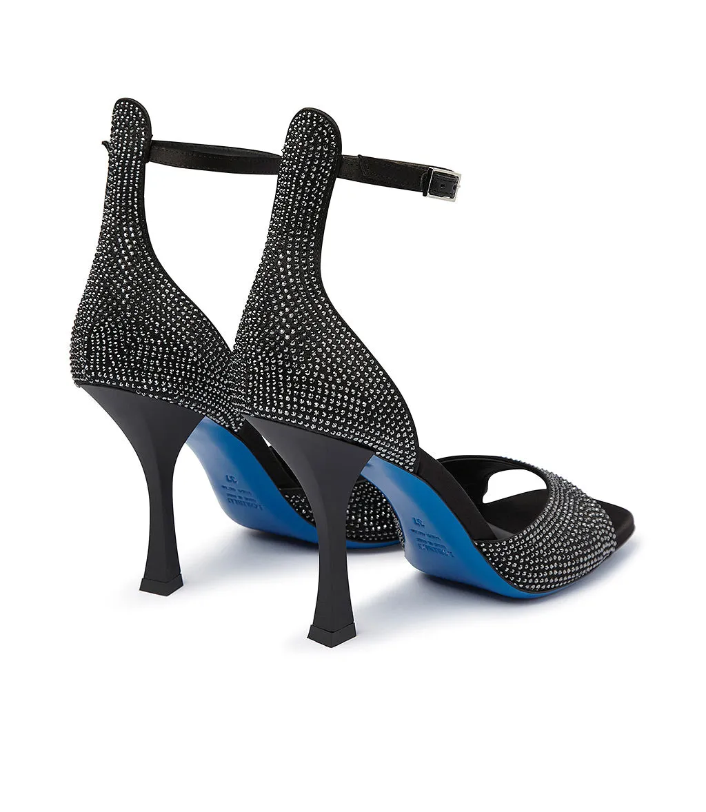 Rhinestoned black satin sandals
