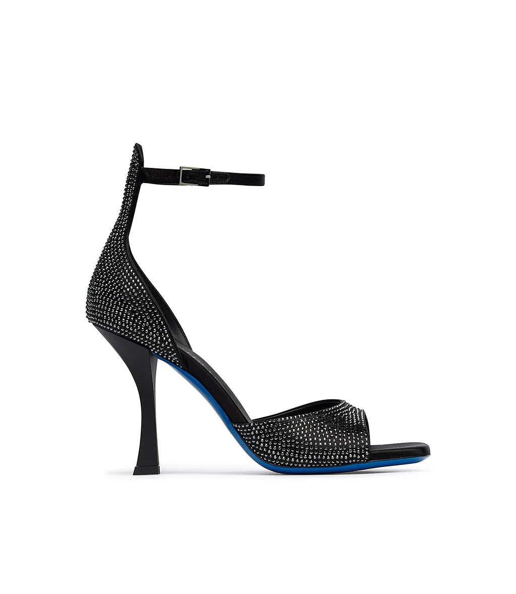 Rhinestoned black satin sandals