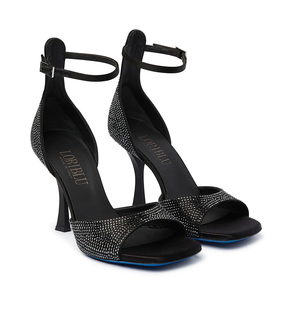 Rhinestoned black satin sandals