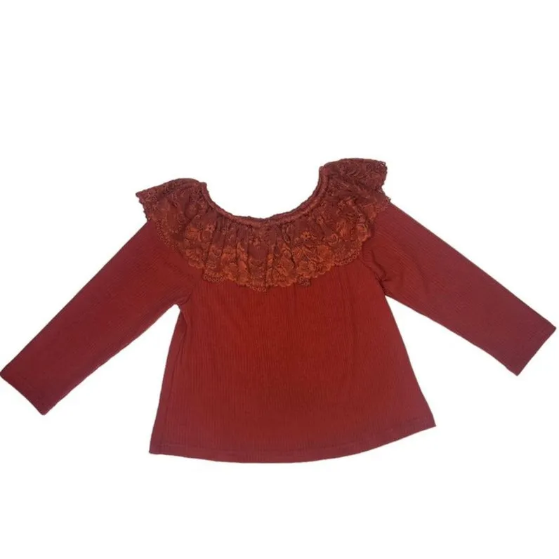 Rust Lace Neck Long Sleeve Shirt (2T-5T)