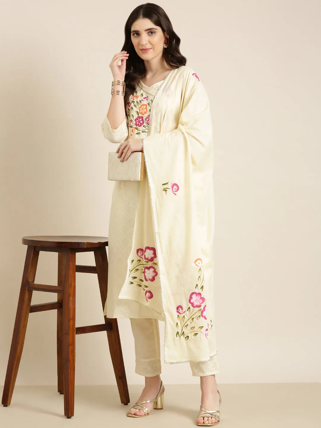 Women Cream Textured Kurta Set