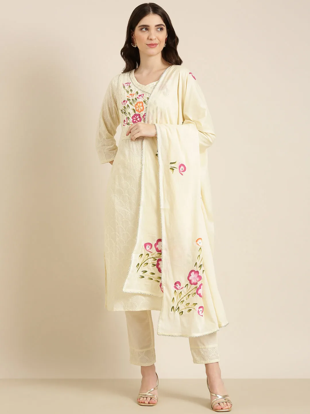 Women Cream Textured Kurta Set