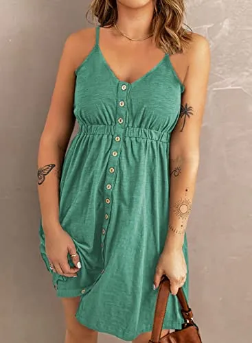 Women's Casual V Neck Sleeveless Button Down  Summer Elastic Waist A-Line Swing Tank Dresses