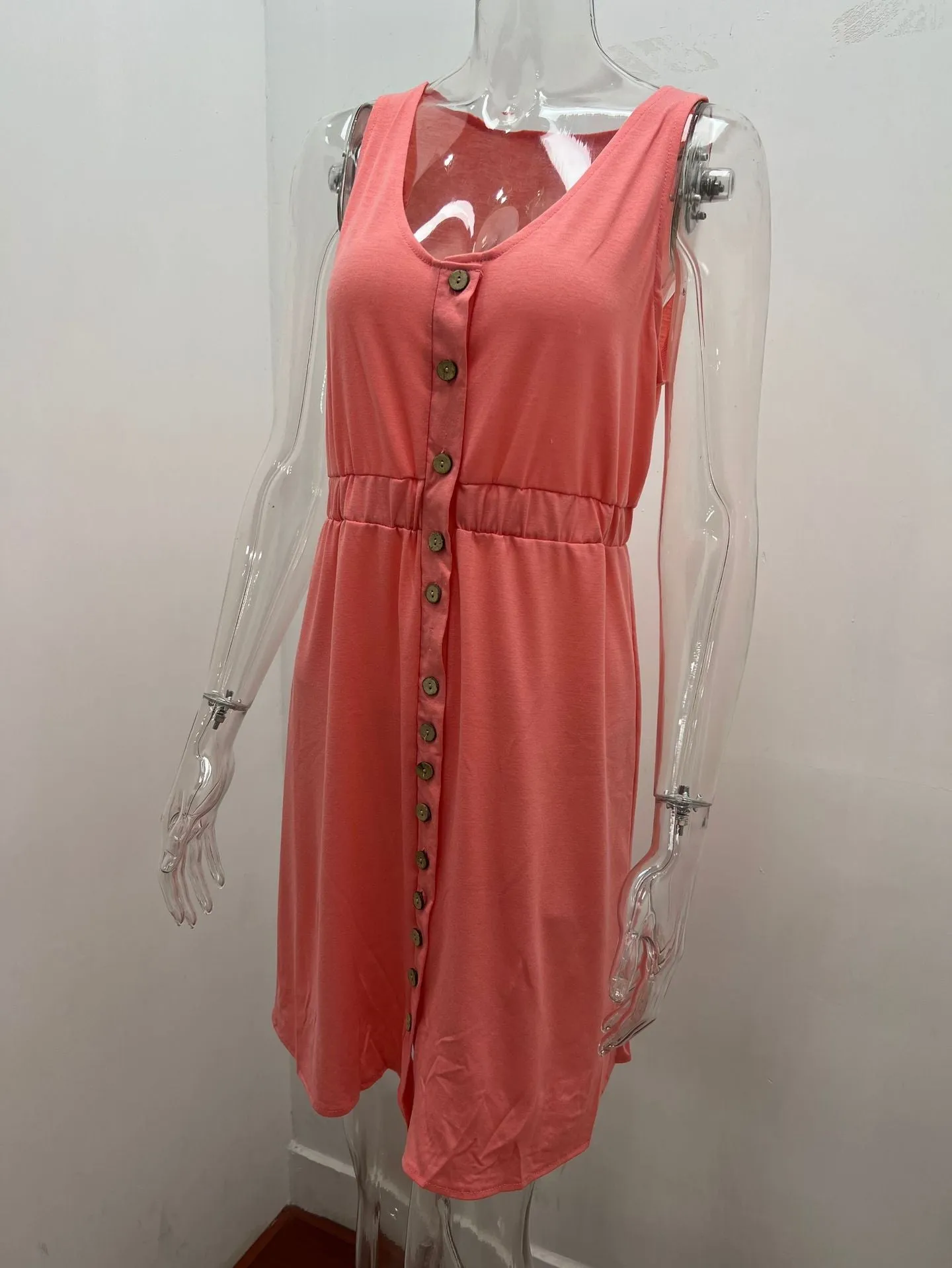 Women's Casual V Neck Sleeveless Button Down  Summer Elastic Waist A-Line Swing Tank Dresses