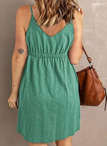 Women's Casual V Neck Sleeveless Button Down  Summer Elastic Waist A-Line Swing Tank Dresses
