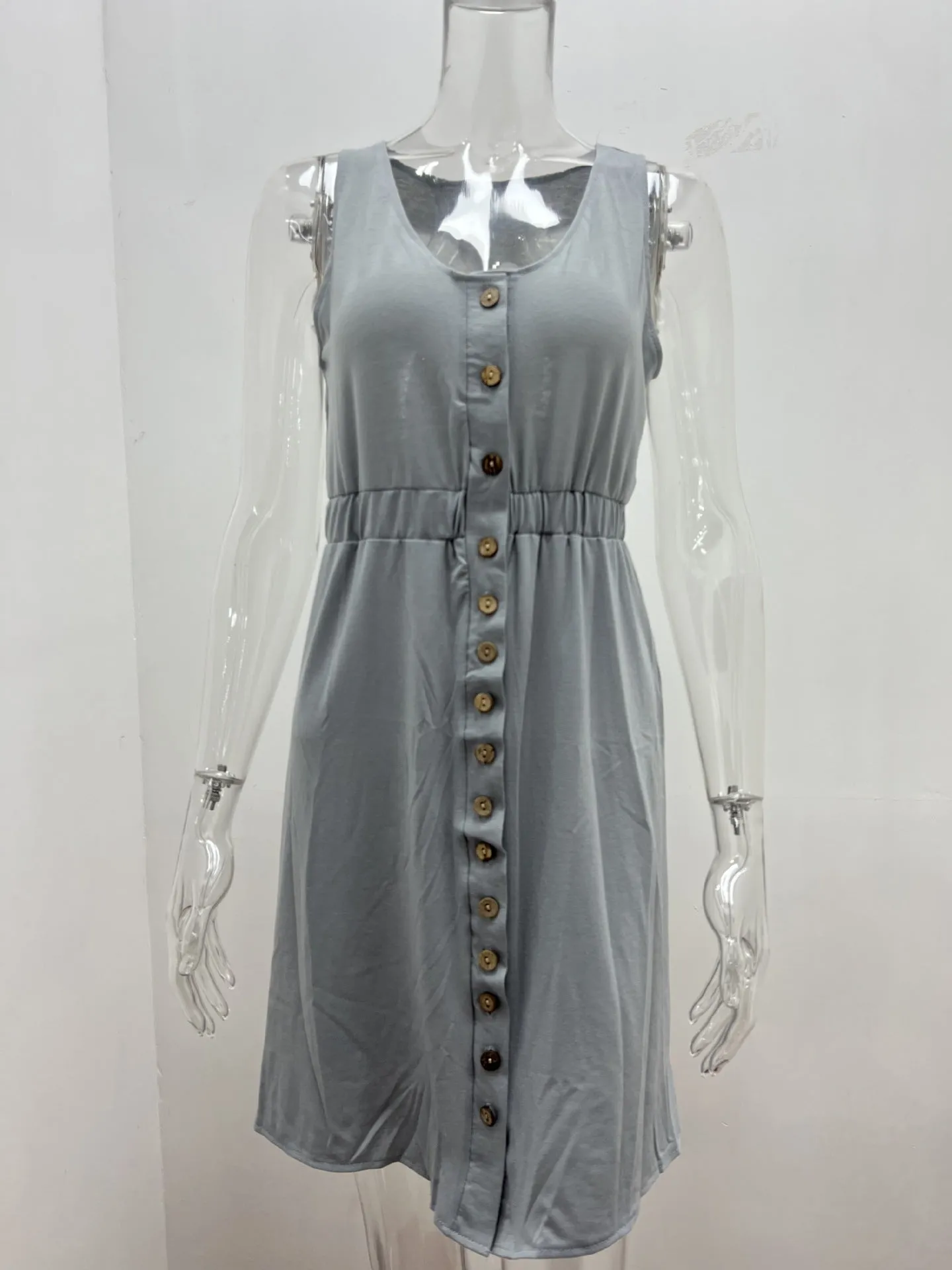 Women's Casual V Neck Sleeveless Button Down  Summer Elastic Waist A-Line Swing Tank Dresses