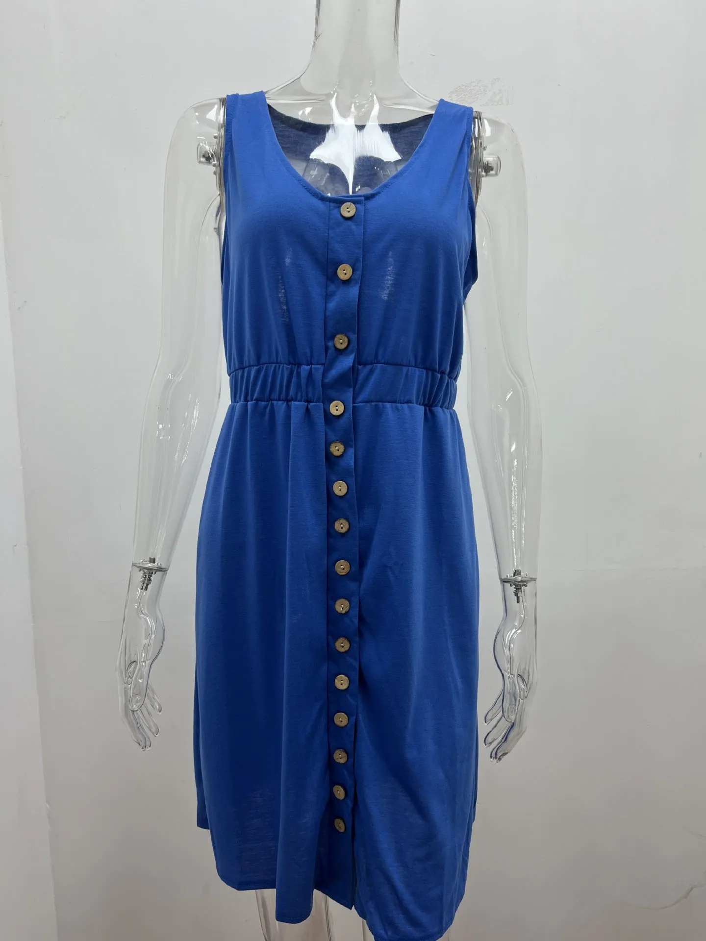 Women's Casual V Neck Sleeveless Button Down  Summer Elastic Waist A-Line Swing Tank Dresses