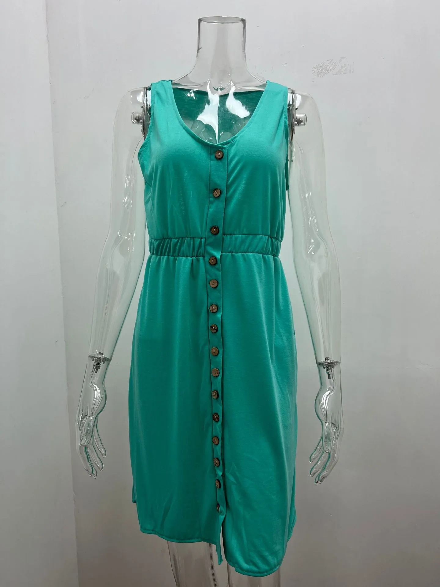 Women's Casual V Neck Sleeveless Button Down  Summer Elastic Waist A-Line Swing Tank Dresses