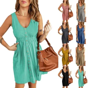 Women's Casual V Neck Sleeveless Button Down  Summer Elastic Waist A-Line Swing Tank Dresses