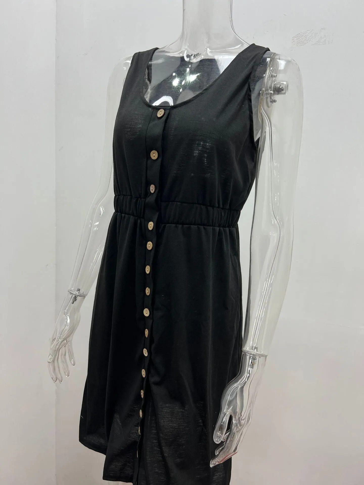 Women's Casual V Neck Sleeveless Button Down  Summer Elastic Waist A-Line Swing Tank Dresses
