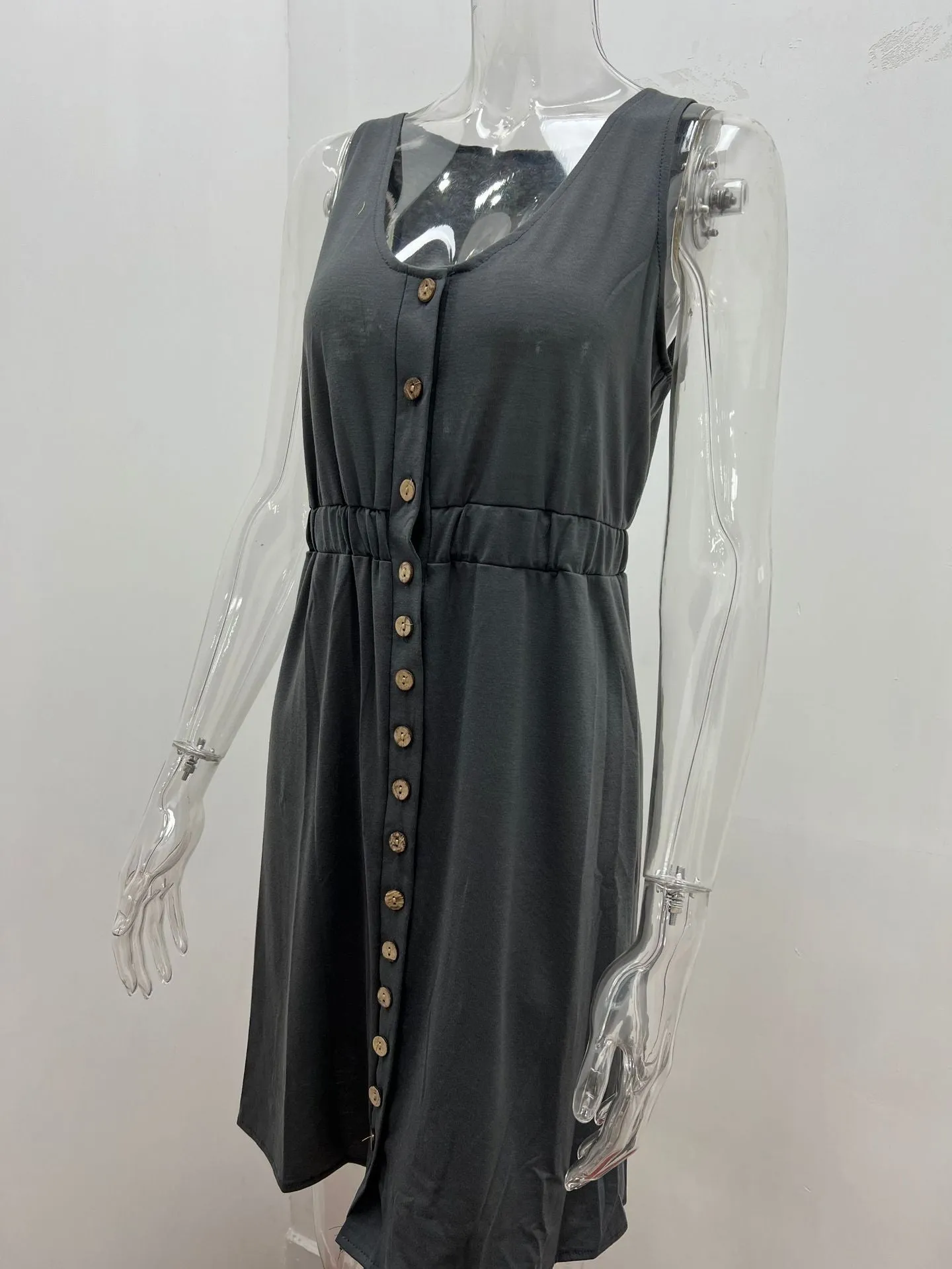 Women's Casual V Neck Sleeveless Button Down  Summer Elastic Waist A-Line Swing Tank Dresses
