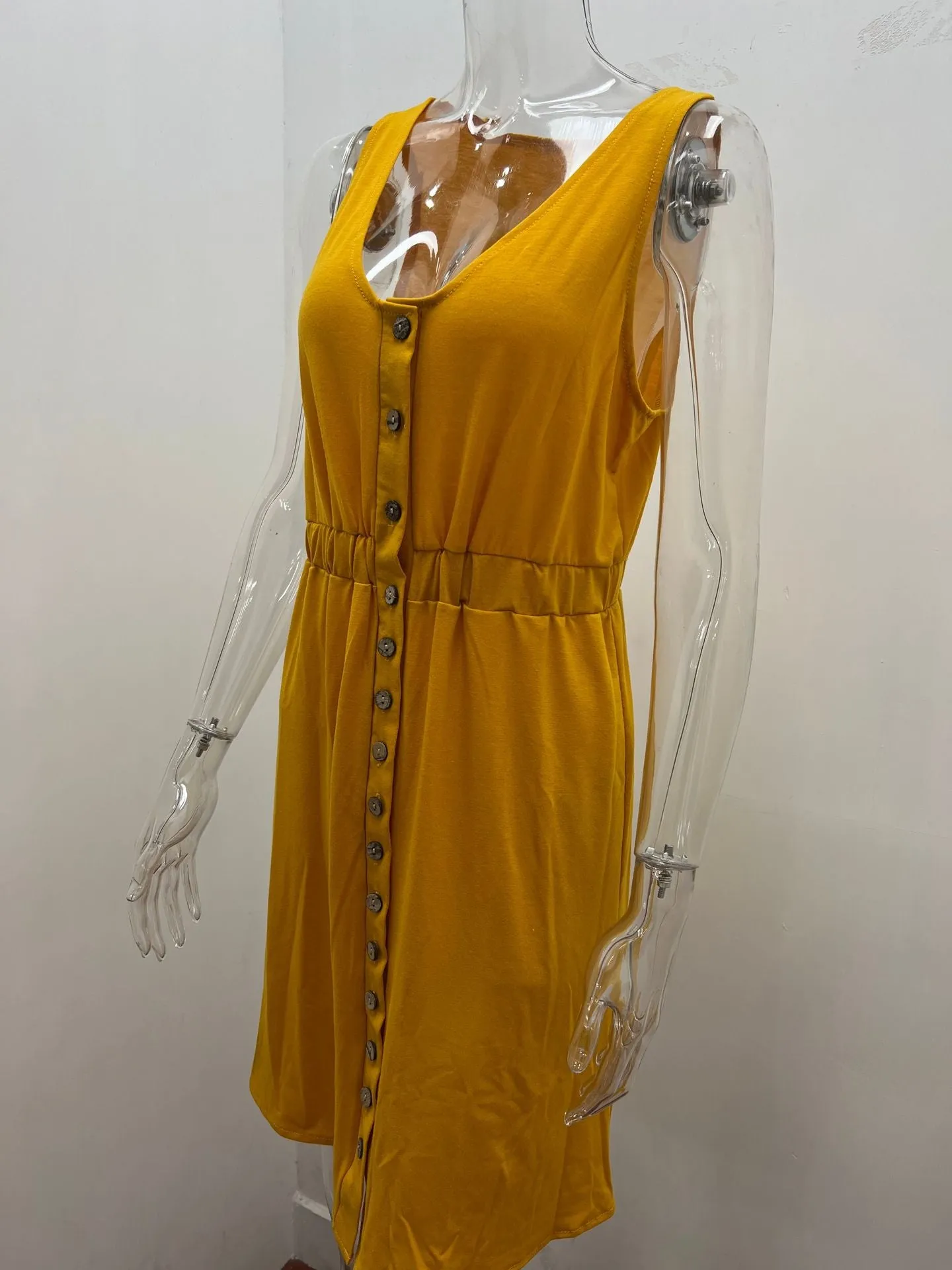 Women's Casual V Neck Sleeveless Button Down  Summer Elastic Waist A-Line Swing Tank Dresses
