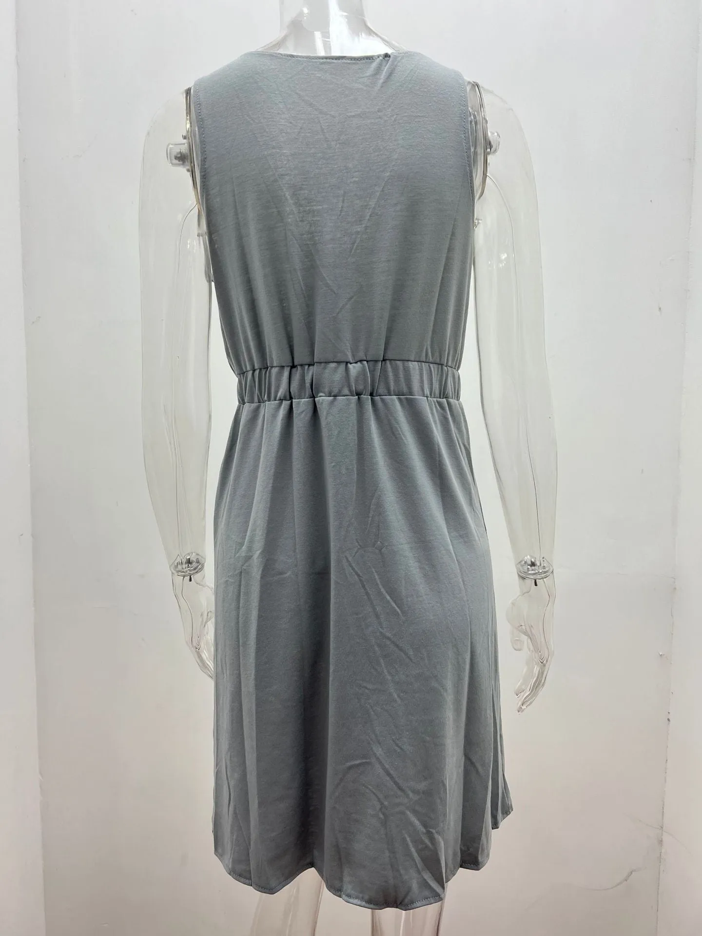 Women's Casual V Neck Sleeveless Button Down  Summer Elastic Waist A-Line Swing Tank Dresses