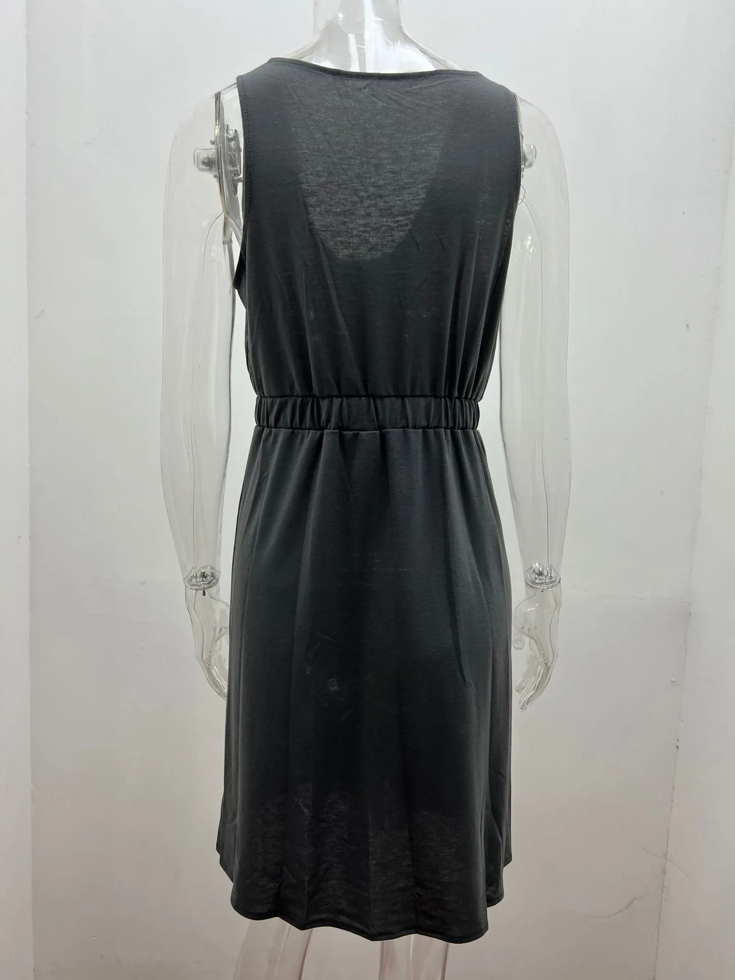 Women's Casual V Neck Sleeveless Button Down  Summer Elastic Waist A-Line Swing Tank Dresses