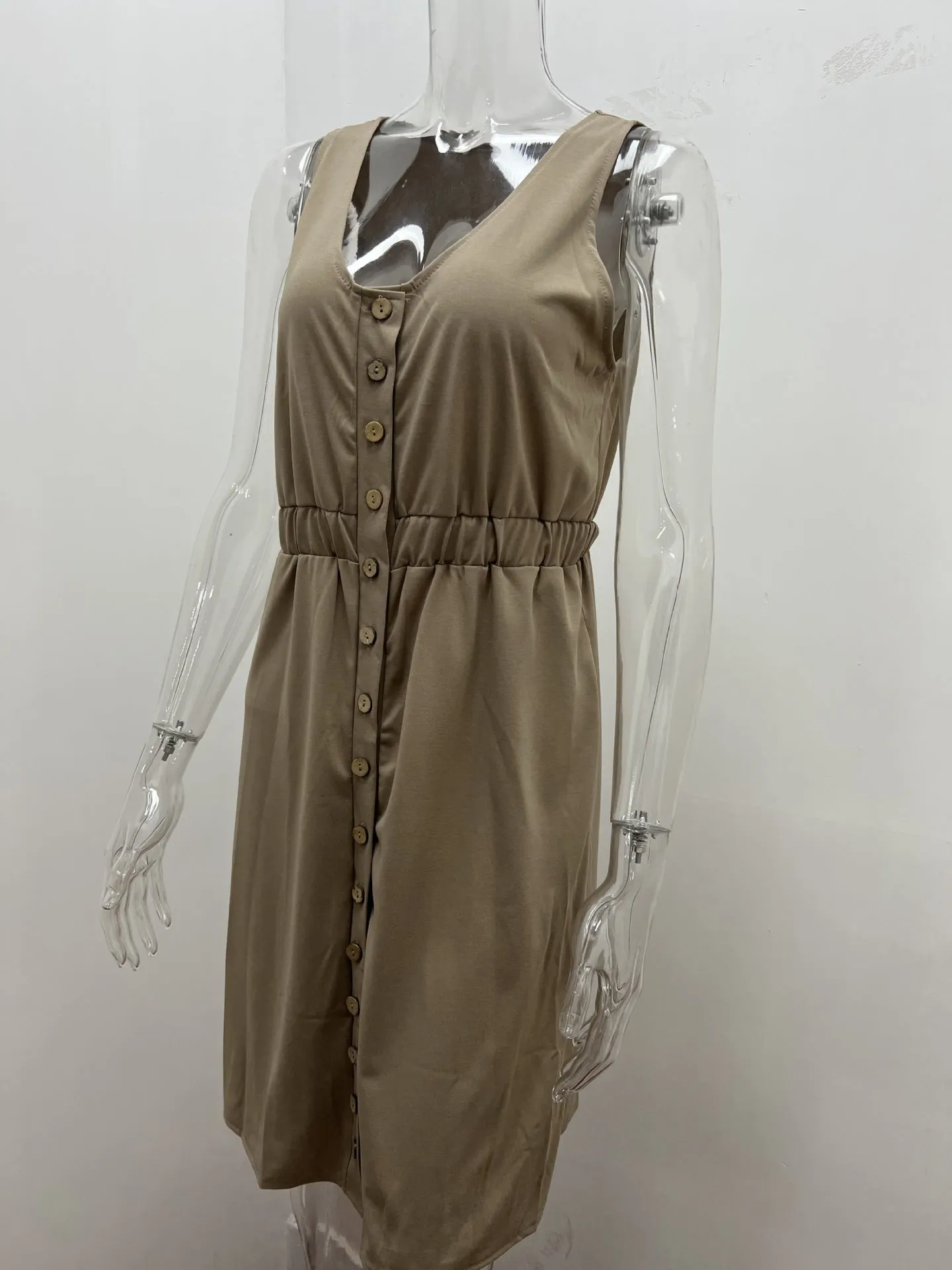 Women's Casual V Neck Sleeveless Button Down  Summer Elastic Waist A-Line Swing Tank Dresses