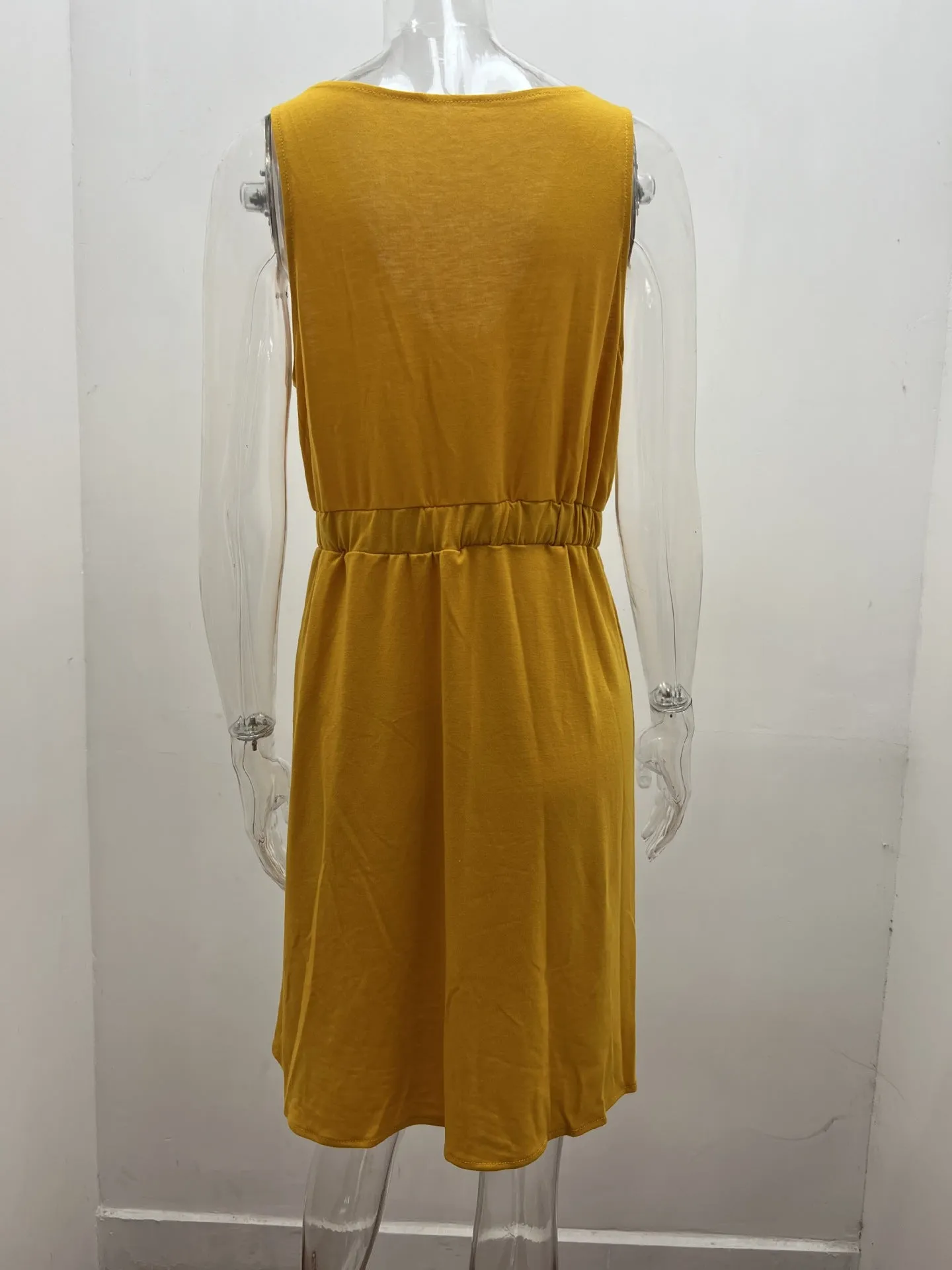 Women's Casual V Neck Sleeveless Button Down  Summer Elastic Waist A-Line Swing Tank Dresses